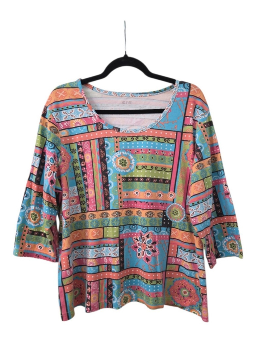 Blair Womens 2XL Patchwork Boho 3/4 Sleeve Top Multi-Color